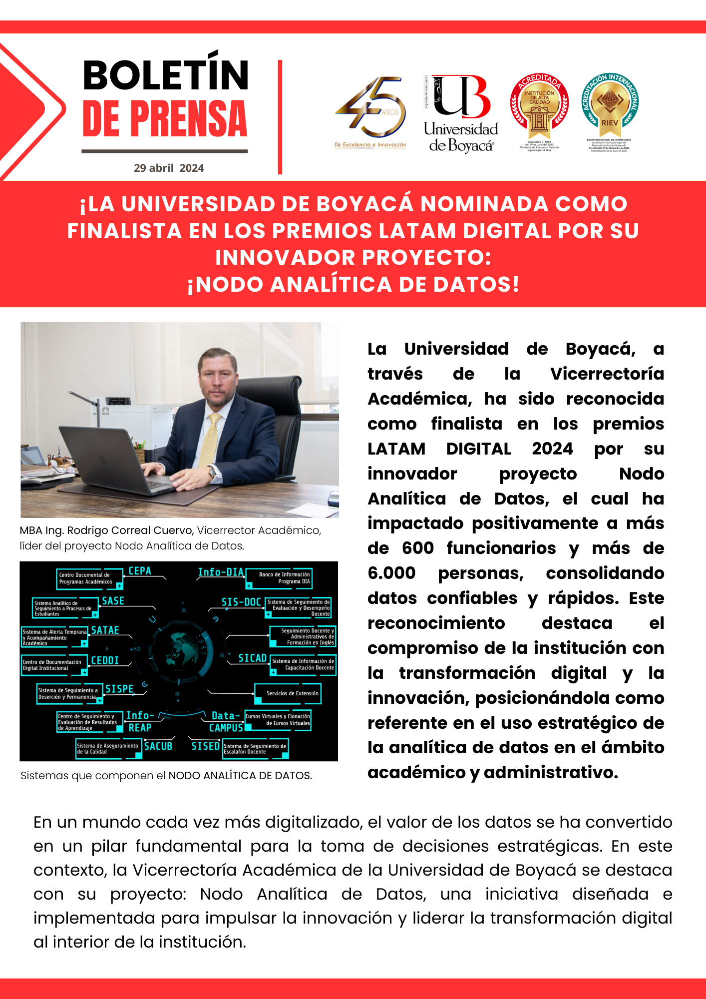¡La Universidad de Boyacá nominada como finalista en los premios latam digital por su innovador proyecto: ¡Nodo Analítica de Datos!