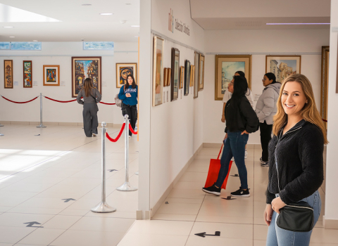 Personas recorriendo una galería de arte con obras en exhibición en un espacio cultural